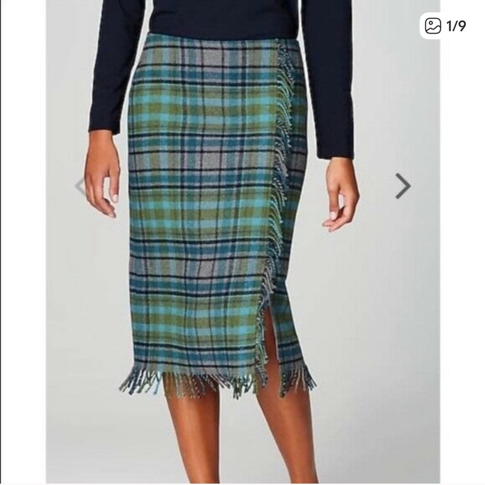 J.Jill Plaid Fringe Pencil Skirt Turquoise Wool Woman's 4